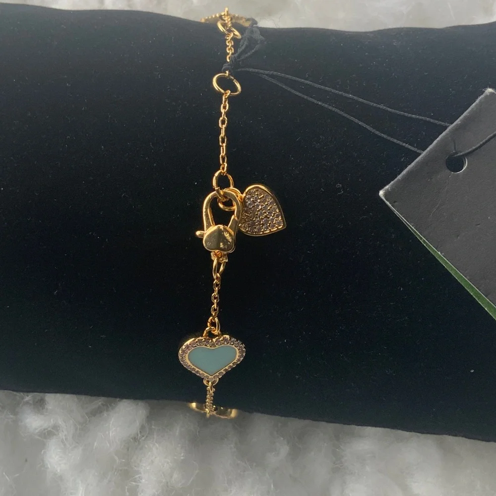 kate spade Gold Bracelet with Mint Heart Charms on Chain - Picture 3 of 8